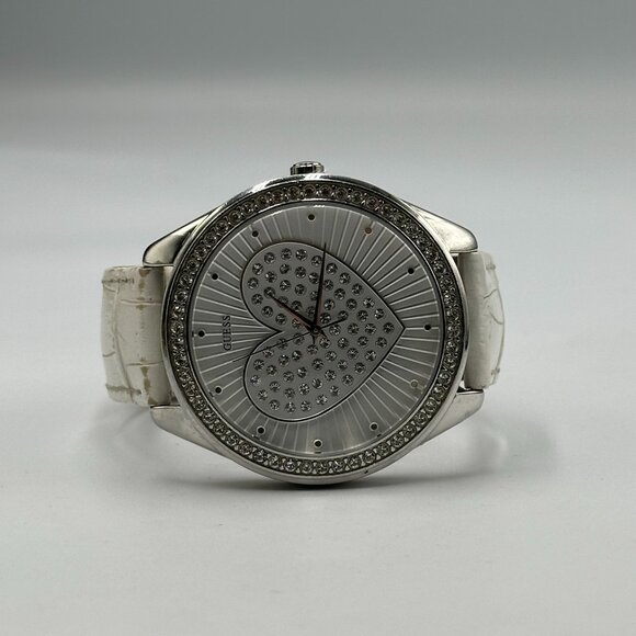 Guess Watch Women Silver Tone Heart Dial White Leather Band New Battery 9.5 Inch - Picture 8 of 13